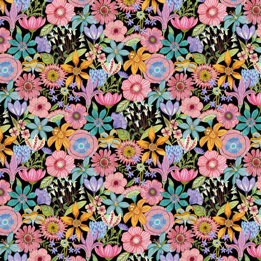 Bugs & Blooms - Packed Floral in Black - Pat Scheurich - Northcott (Pre-order: May 2027)
