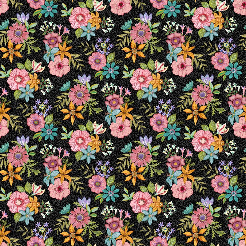 Bugs & Blooms - Medium Floral in Black - Pat Scheurich - Northcott (Pre-order: May 2027)