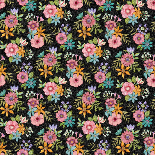 Bugs & Blooms - Medium Floral in Black - Pat Scheurich - Northcott (Pre-order: May 2027)