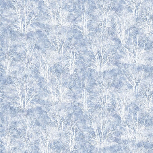 Winter Jays FLANNEL - White Trees in Medium Blue - Art Brand Holdings - Northcott (Pre-order: July 2024)