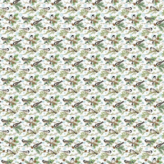 Woodland Woolies FLANNEL - Chickadees in White Multi - Deborah Edwards - Northcott (Pre-order: July 2024)
