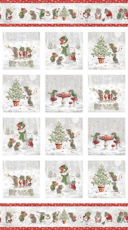 A Christmas Mouse FLANNEL - PANEL-Blocks in White Multi - Sarah Summers - Northcott