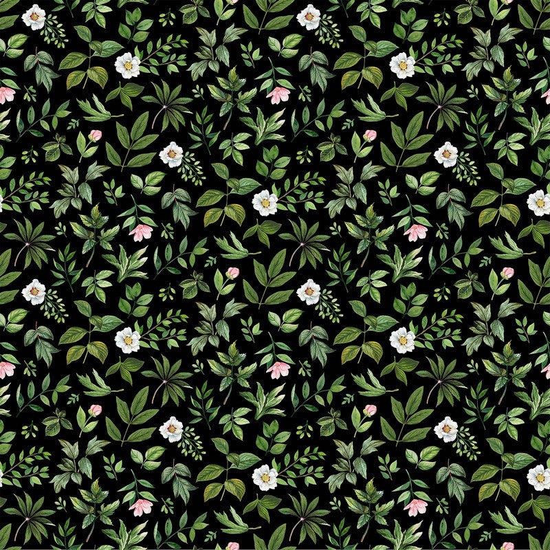 Blush (Cotton Sateen) - Leaf Toss in Black/Green - Michel Design Works - Northcott
