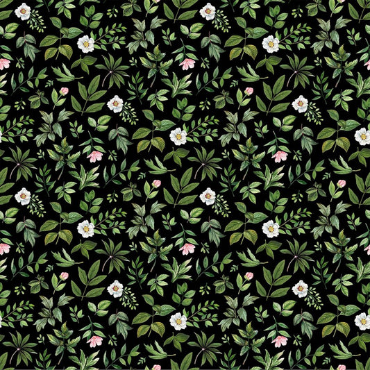 Blush (Cotton Sateen) - Leaf Toss in Black/Green - Michel Design Works - Northcott