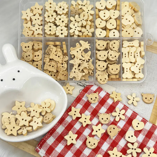Wooden Assorted Cute Buttons 2 Hole with FREE Case! (172pc)