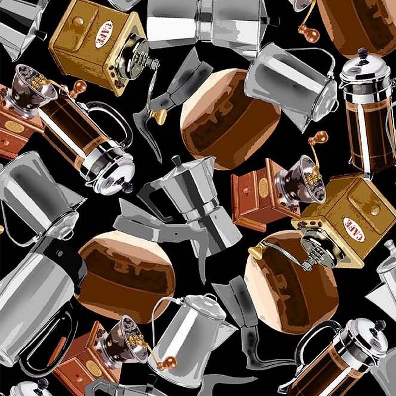 Espresso Yourself - Coffee Brewing in Black Silver - Michael Miller - Dinkydoo Fabrics