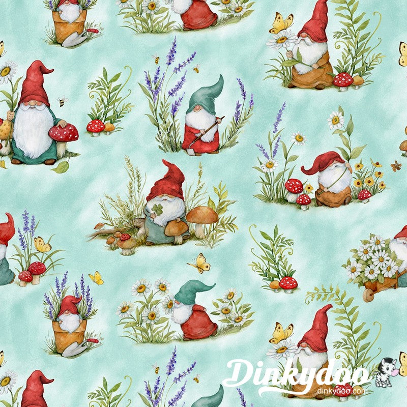 Savor the Gnoment - Gnomes Allover in Teal - Susan Winget - Wilmington Prints