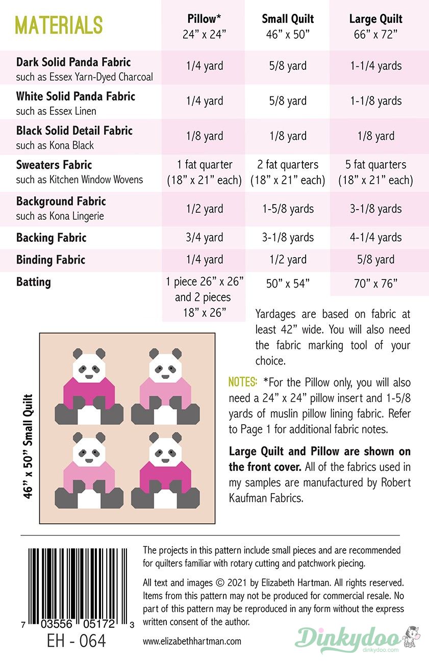 Pandas in Sweaters - Quilt Pattern - Elizabeth Hartman (Pre-order: July 2024)